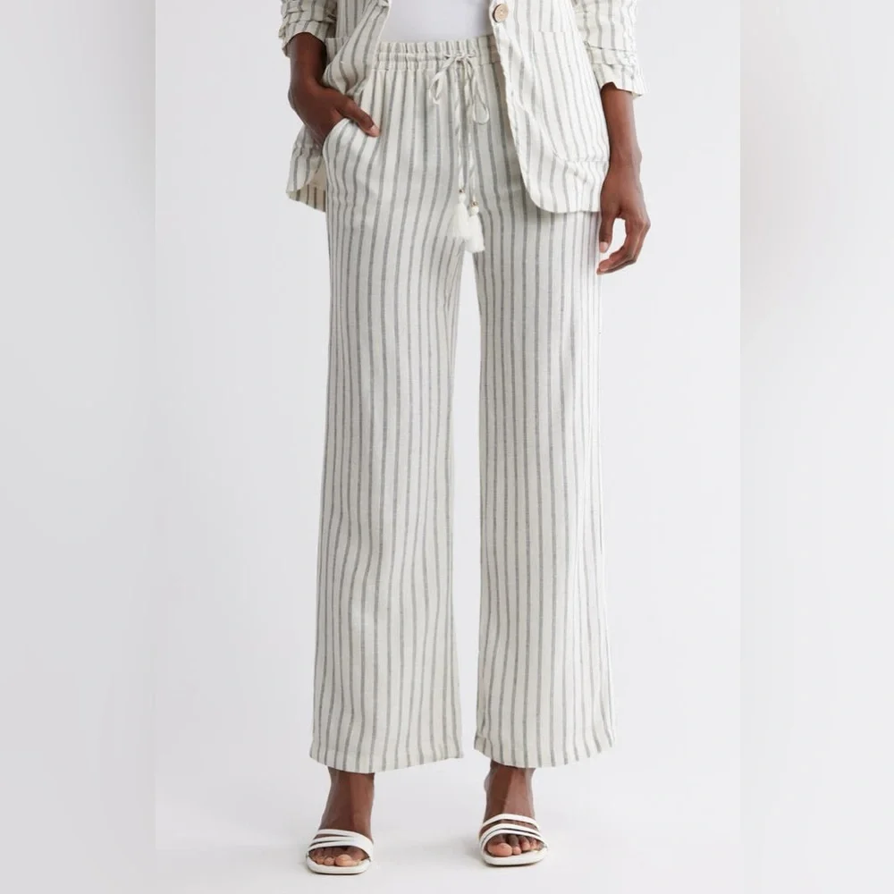 Ellen Tracy Linen Stripe Wide Leg Pants Women's Small White w/ Black pinstripes - Picture 4 of 15